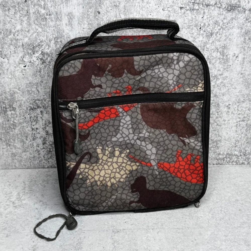 Pottery Barn Kids Mackenzie Dinosaur Insulated Lunch Box Grey Red Brown